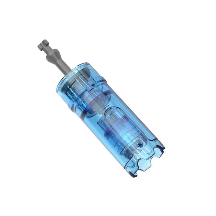 Angled view of a Dr. Pen M9 36-pin microneedling cartridge with clear blue casing, visible internal needle mechanism.