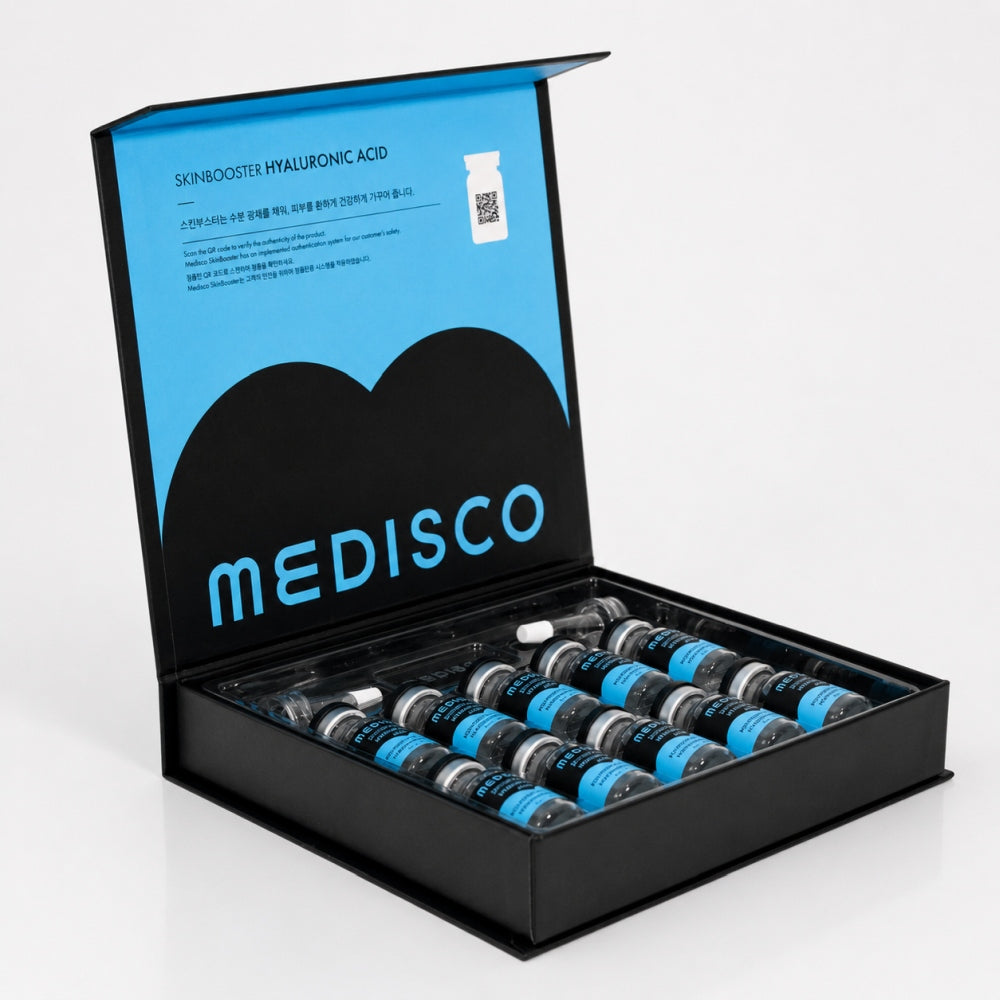 Medisco Skinbooster Hyaluronic Acid open box showing blue-labeled vials