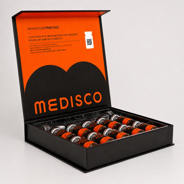 Medisco Skinbooster PDRN EXO open kit with orange vials and applicator tips