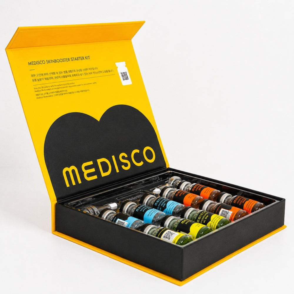 Medisco Skinbooster Starter Kit open box with PDRN EXO, AC BHA and Hyaluronic Acid vials