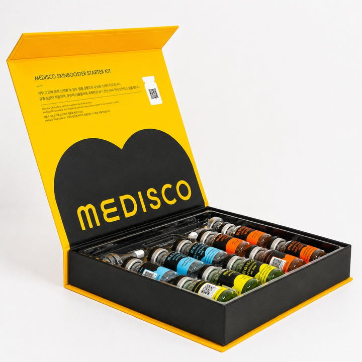 Medisco Skinbooster Starter Kit open box with PDRN EXO, AC BHA and Hyaluronic Acid vials