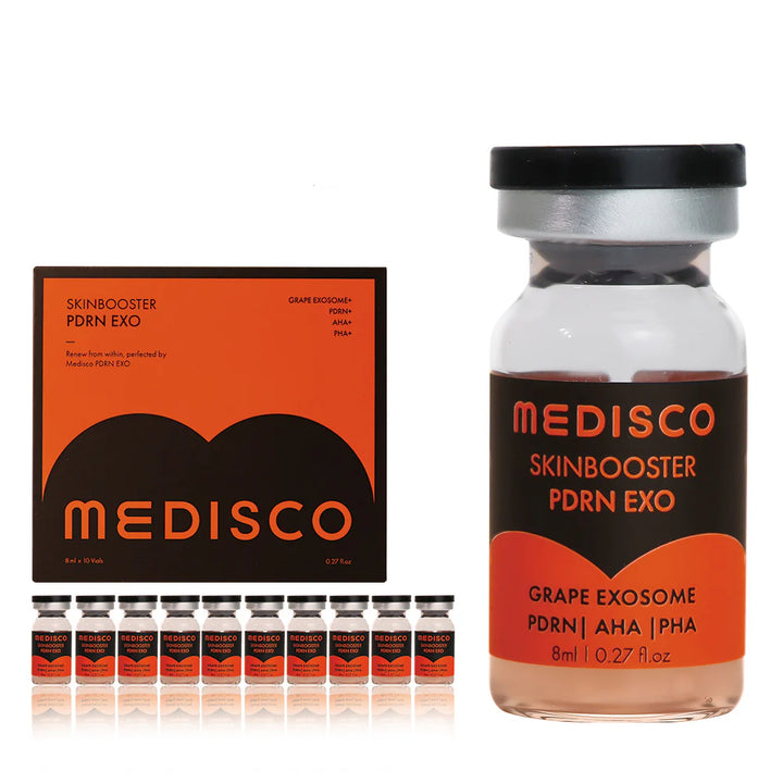 Close up to a vial of Medisco Skinbooster PDRN EXO, with its packaging and multiple vials displayed on a white background