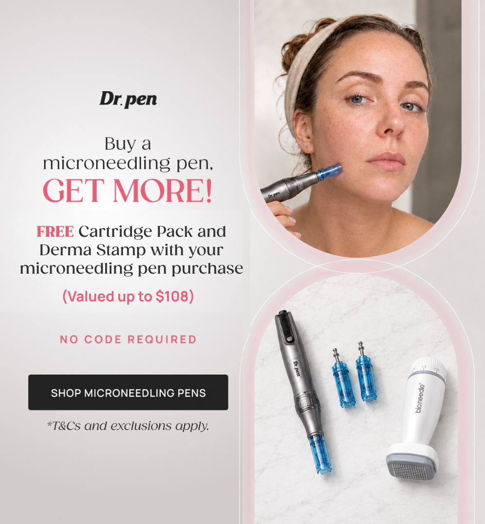 Promotional banner buy a microneedling pen, get more FREE cartridge pack and derma stamp with your micronedling pen purchase, valued up to $108. No code required. Shop microneedling pens. T&Cs exclusions apply.
