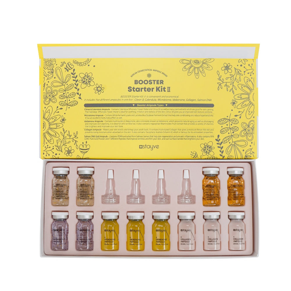 Opened box of Stayve Booster Starter Kit, showcasing 12x Vial Ampoules featuring five high-performance formulations