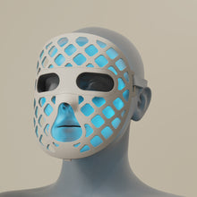 Load image into Gallery viewer, Featuring a Blue silicone LED light therapy mask, representing the Peachaboo Glo Aurora&#39;s advanced technology.