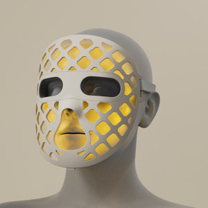 Featuring a Yellow silicone LED light therapy mask, representing the Peachaboo Glo Aurora's advanced technology.