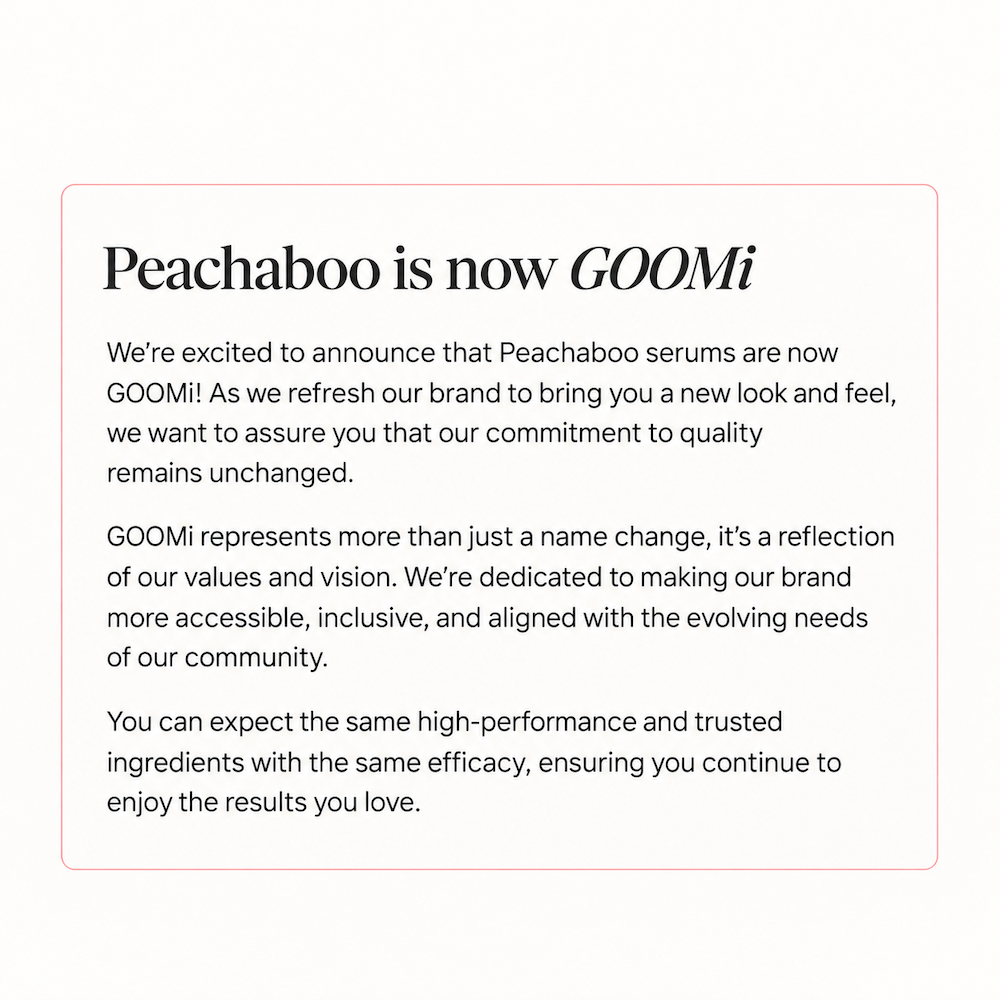 Peachaboo is now GOOMi: rebrand announcement confirming the same trusted ingredients, quality and results