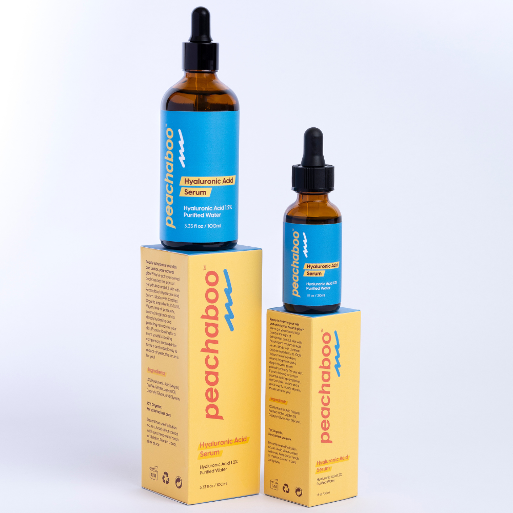 Peachaboo Hyaluronic Acid Serum in 30ml & 100ml bottles – a vegan, organic serum that deeply hydrates dry, tired, and dull skin, ideal for microneedling.