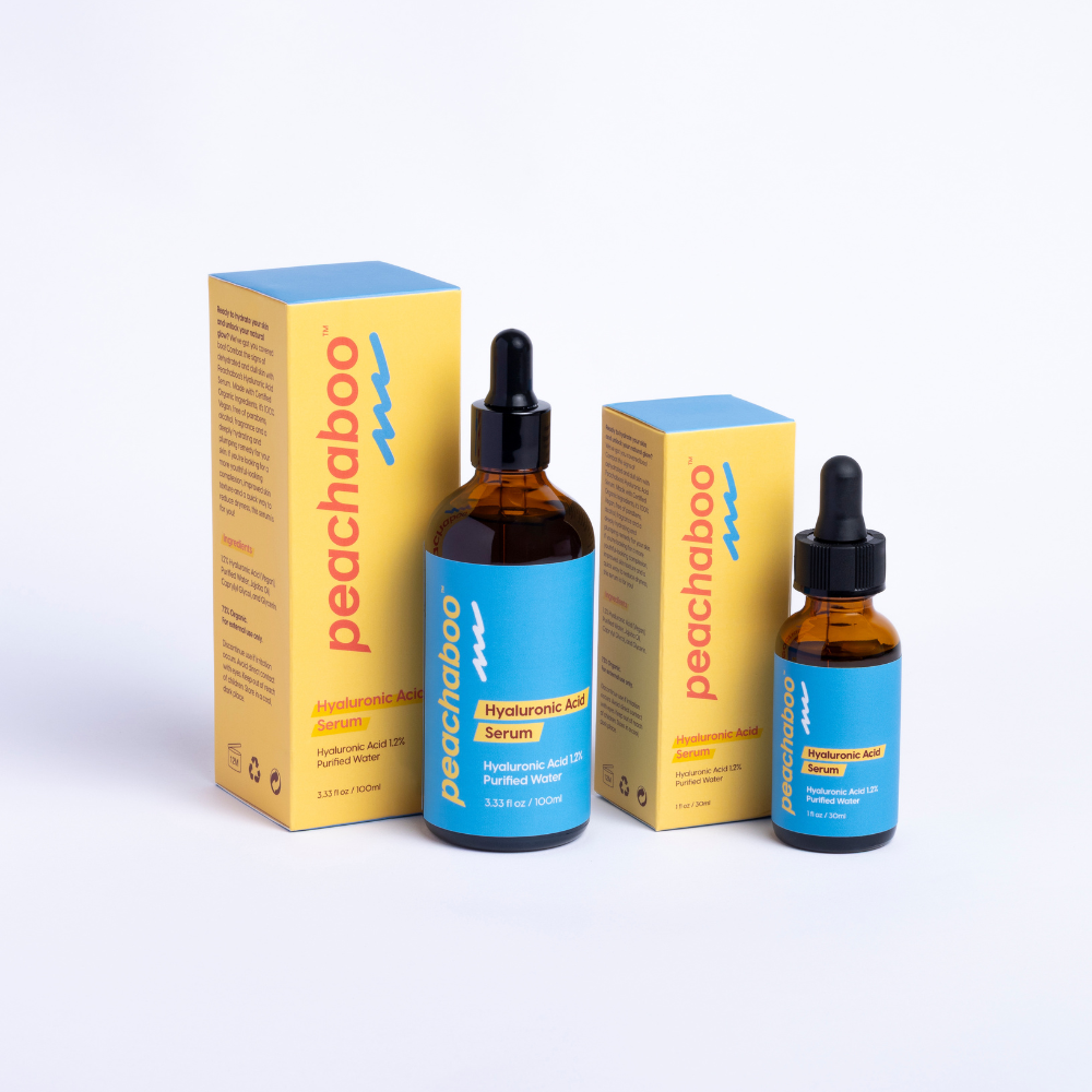 Peachaboo Hyaluronic Acid Serum in 30ml  & 100ml bottles – a vegan, organic serum that deeply hydrates dry, tired, and dull skin, ideal for microneedling.