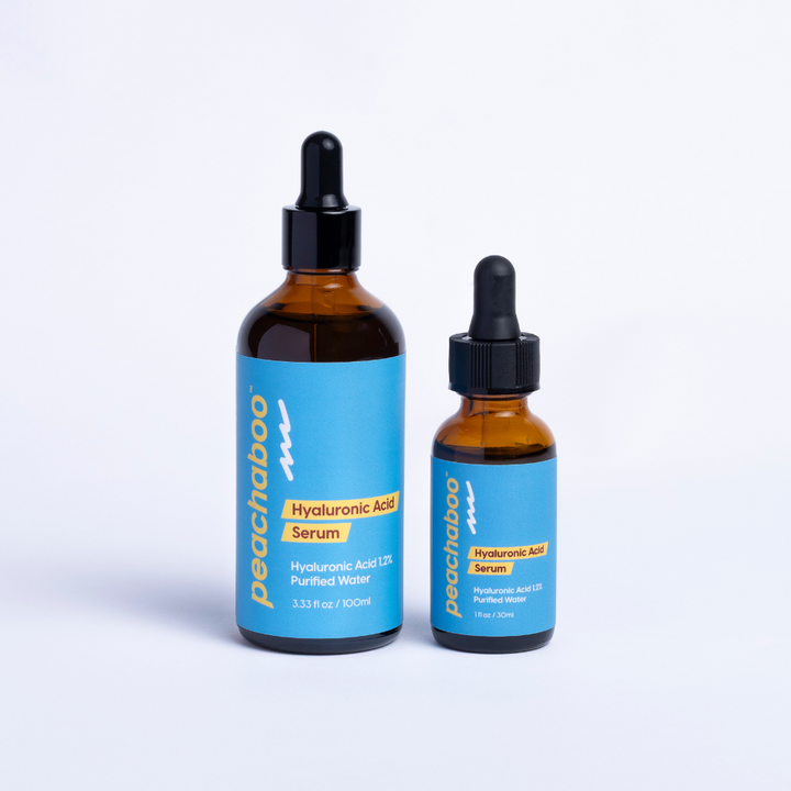Peachaboo Hyaluronic Acid Serum in 30ml  & 100ml bottles – a vegan, organic serum that deeply hydrates dry, tired, and dull skin, ideal for microneedling.