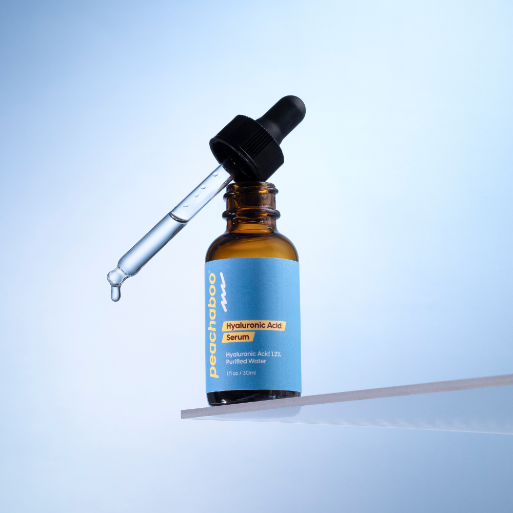 Peachaboo Hyaluronic Acid Serum in 30ml bottle – a vegan, organic serum that deeply hydrates dry, tired, and dull skin, ideal for microneedling.