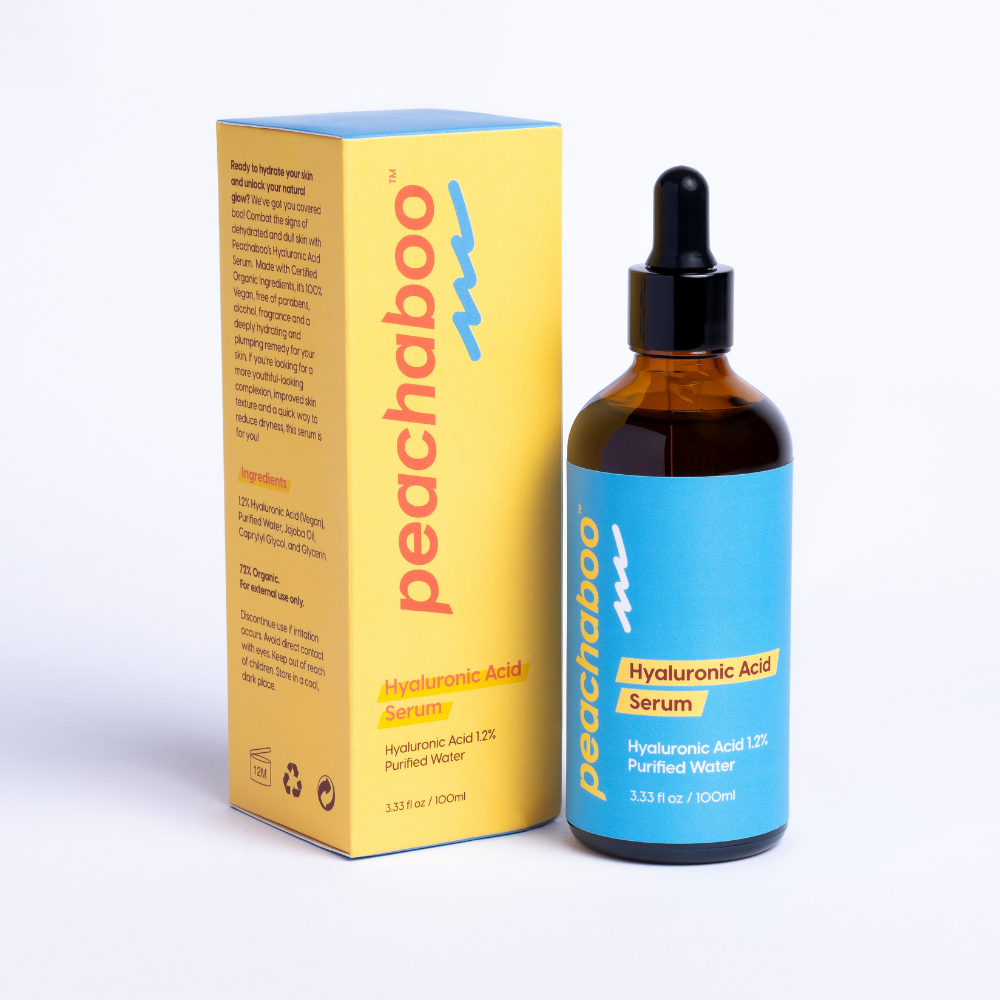 Peachaboo Hyaluronic Acid Serum in 100ml bottle – a vegan, organic serum that deeply hydrates dry, tired, and dull skin, ideal for microneedling.