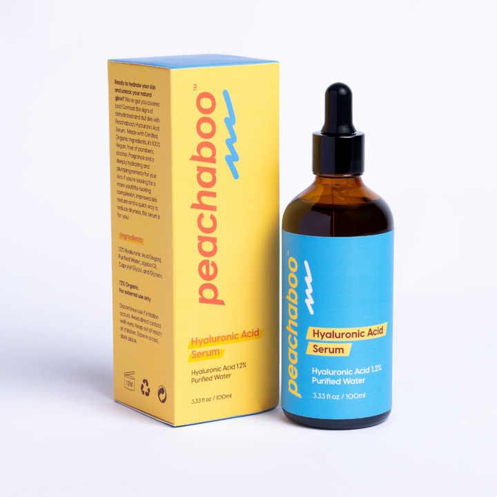 Peachaboo Hyaluronic Acid Serum in 100ml bottle – a vegan, organic serum that deeply hydrates dry, tired, and dull skin, ideal for microneedling.
