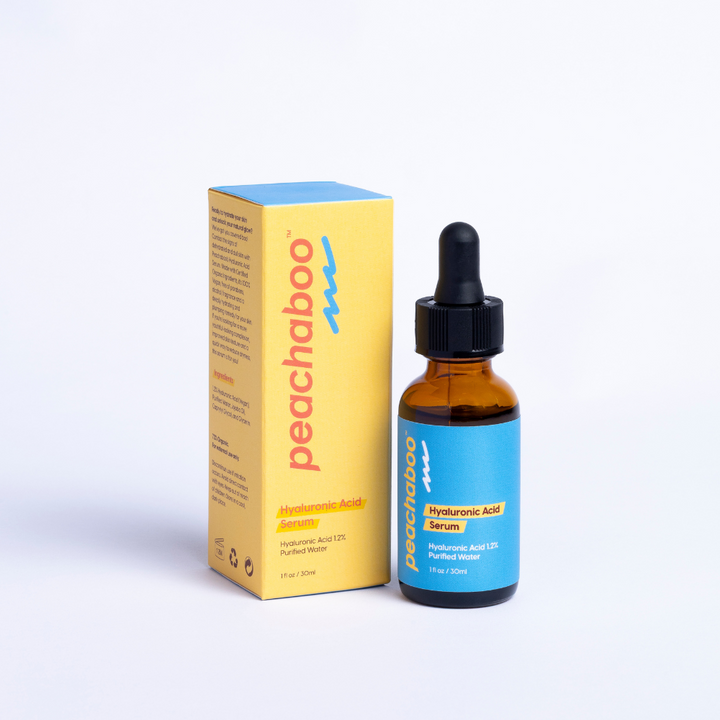 Peachaboo Hyaluronic Acid Serum in 30ml bottle – a vegan, organic serum that deeply hydrates dry, tired, and dull skin, ideal for microneedling.