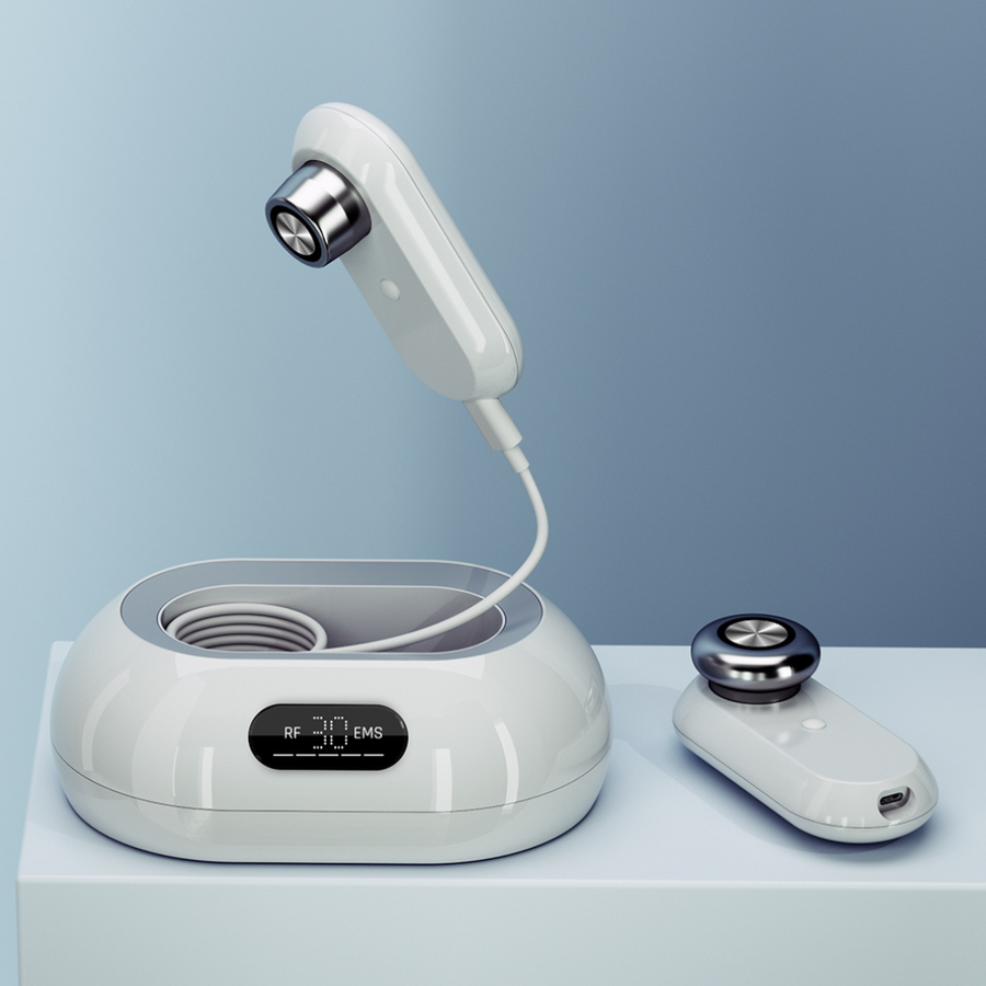 A white and silver Peachaboo Face and Body Skin Tightening Radio Frequency Device with a round probe connected by a cable to a charging base, displayed on a blue background.