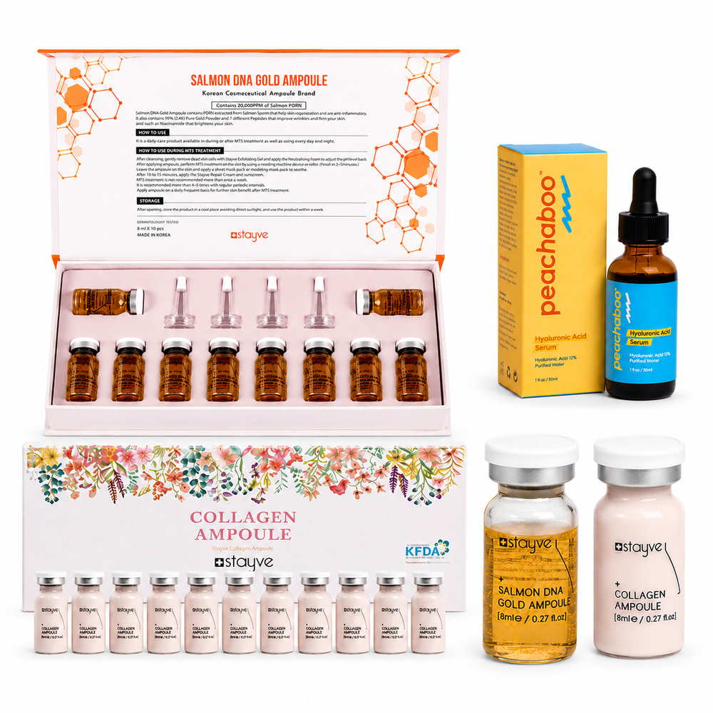 Products for this bundle: Stayve Booster Starter Kit 2 (Microneedling Ampoule) Collagen (8ml x 10 vials) to support firmness and skin vitality, Peachaboo Hyaluronic Acid Serum for deep hydration and plumping, and Stayve Salmon DNA Gold Ampoule (8ml x 10 vials) to nourish, repair, and revitalise ageing skin.
