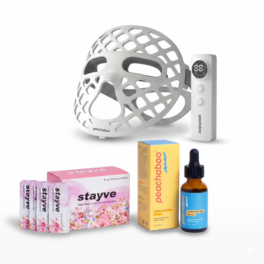 Featuring the Peachaboo Glo Aurora Silicone LED Light Therapy Mask (with NIR) to help calm inflammation and support skin healing, Peachaboo Hyaluronic Acid Serum 30ml for deep hydration and skin plumping, and Stayve Repair Cream (1 box, 100 sachets) to soothe, protect, and support skin recovery for optimal post-treatment results.