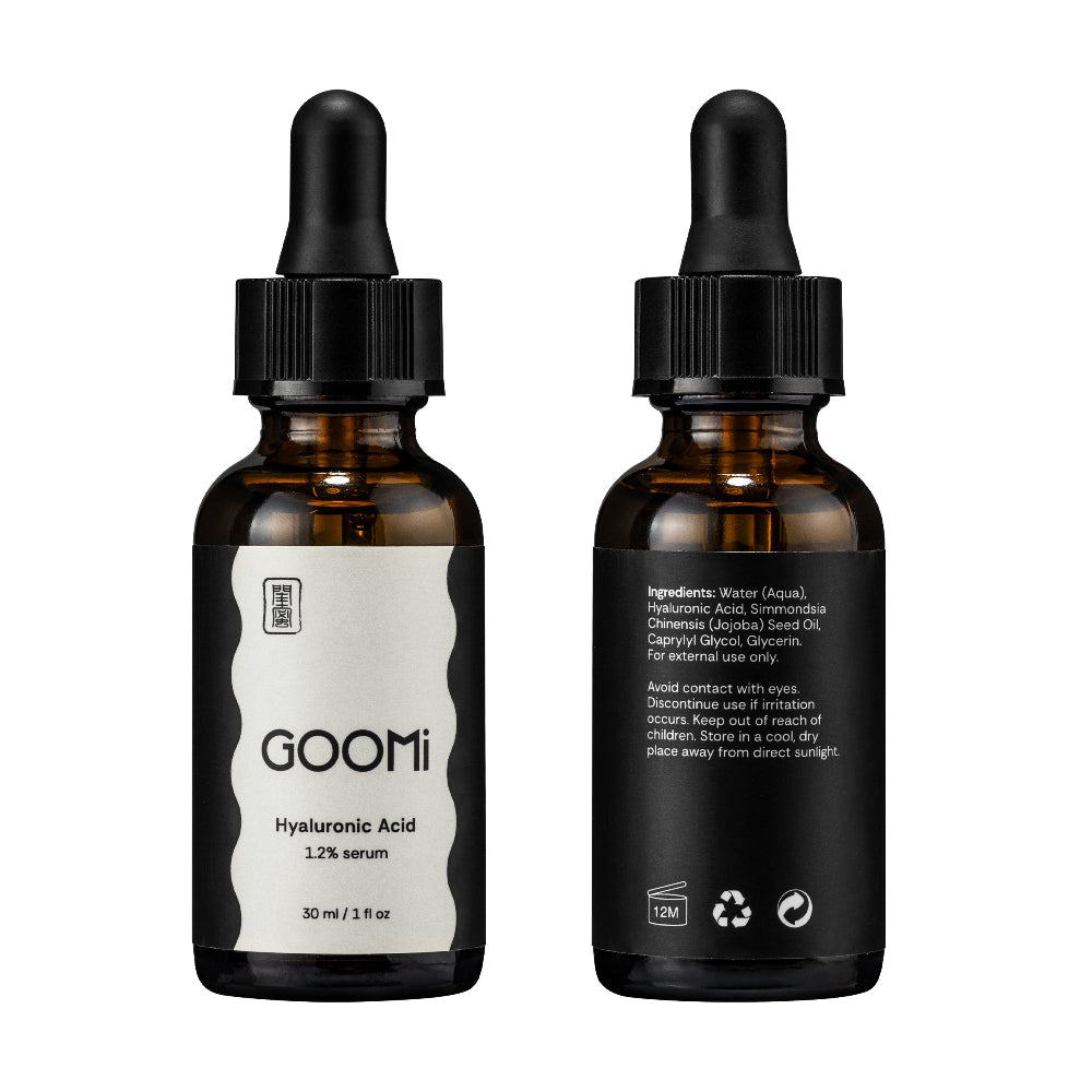 Front and back view of GOOMi Hyaluronic Acid 1.2% serum, 30ml. showing the front label and the back ingredients panel on a white background.