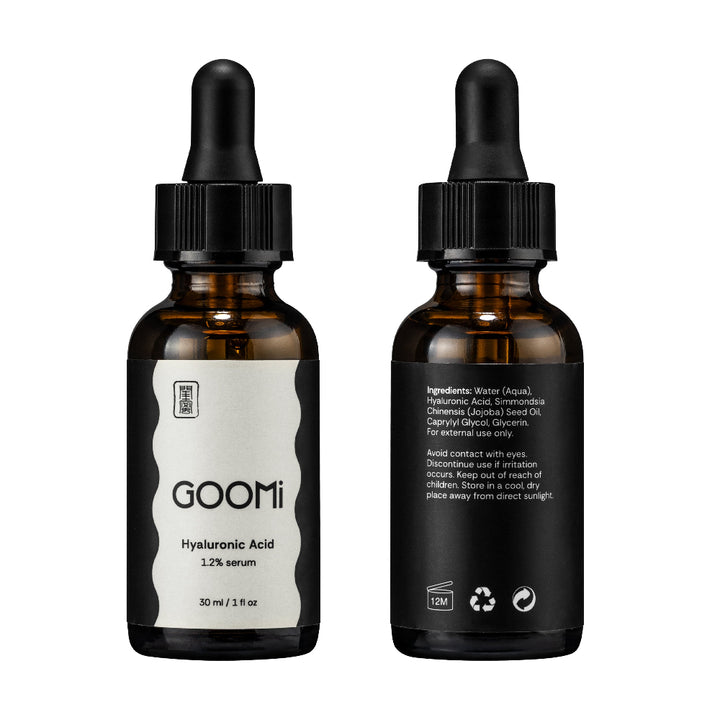 Front and back view of GOOMi Hyaluronic Acid 1.2% serum, 30ml. showing the front label and the back ingredients panel on a white background.
