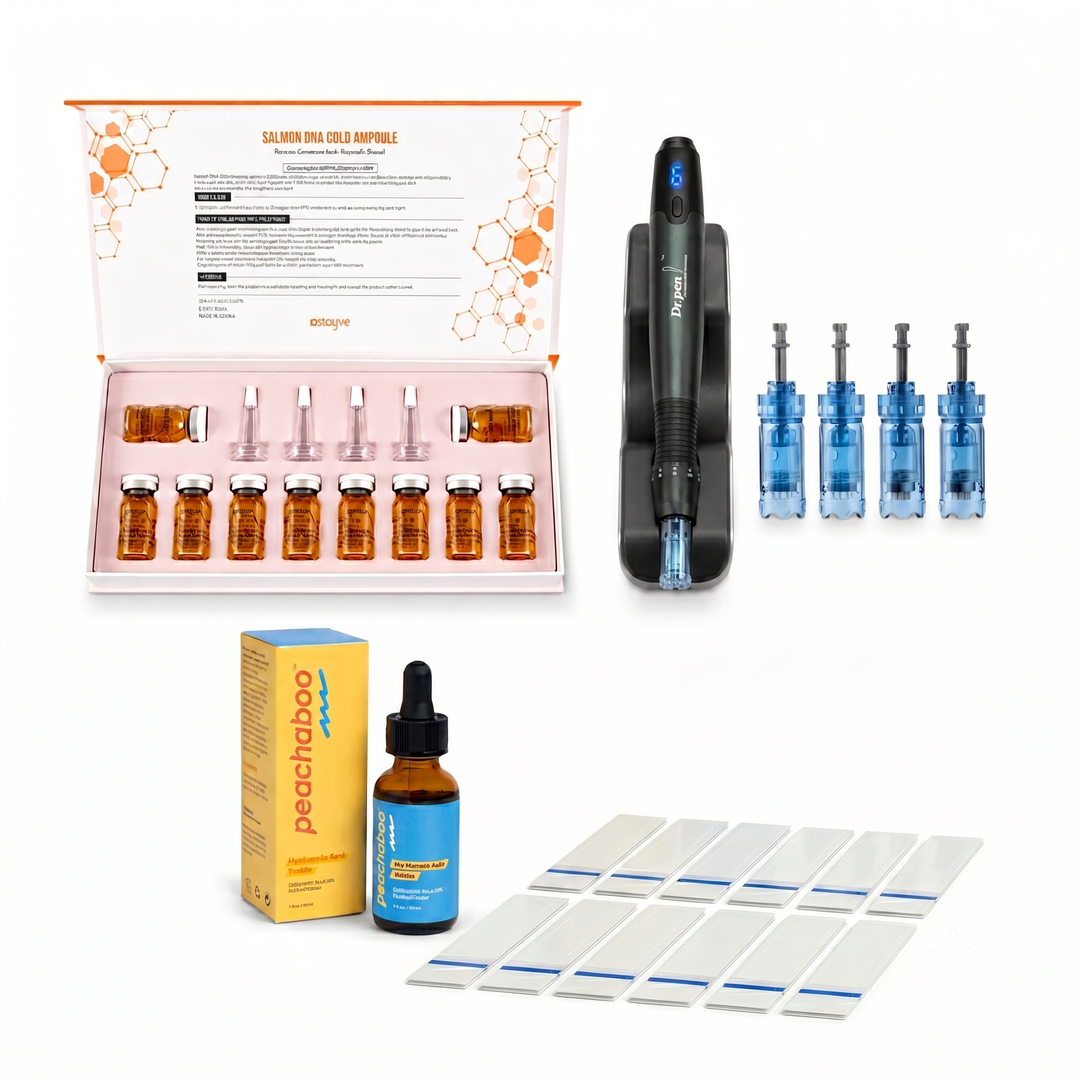 Featuring the Dr. Pen A20 microneedling device with 12-pin cartridges for precise treatment performance, Peachaboo Hyaluronic Acid Serum for deep hydration, and Stayve Salmon DNA Gold Ampoule (8ml x 10 vials) to nourish, repair, and support skin renewal. Also included are essential clinical tools such as a protective sleeve for device hygiene.