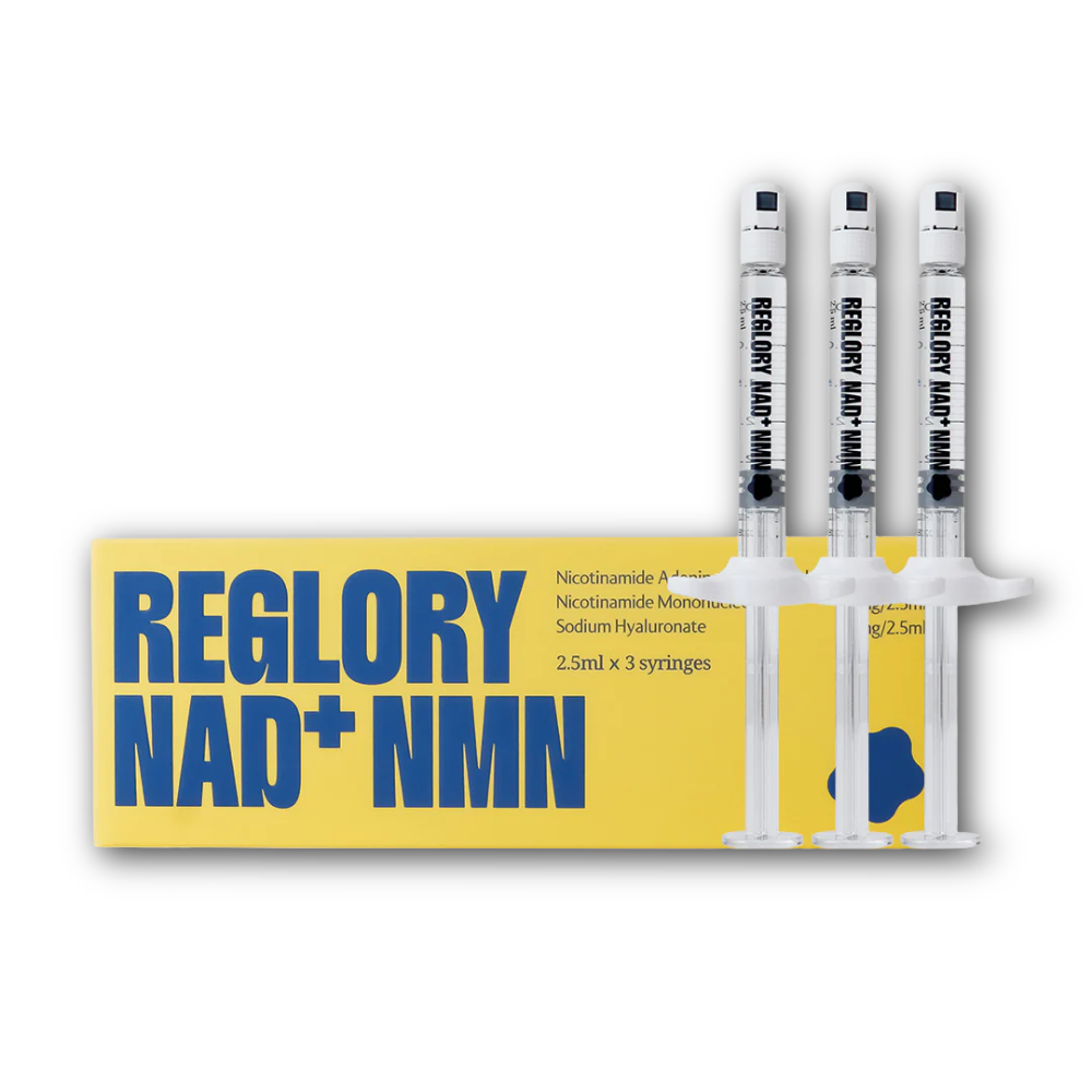 3 Reglory NAD+ NMN syringes with packaging on a white background