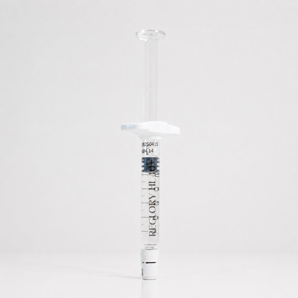 Reglory HL 40+ Hyaluronic Acid Skin Booster syringe standing upright on white background