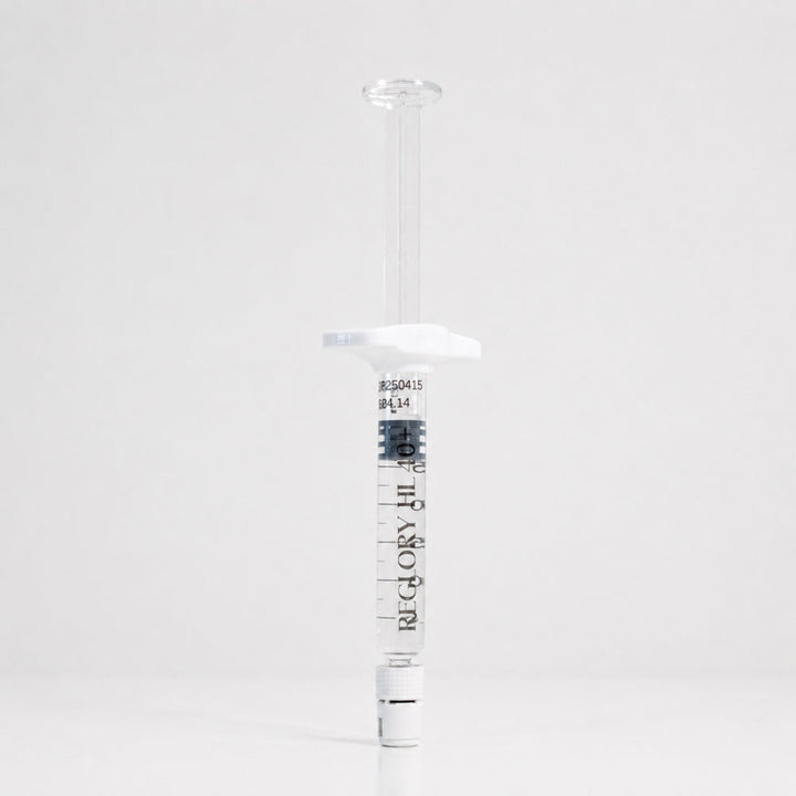 Reglory HL 40+ Hyaluronic Acid Skin Booster syringe standing upright on white background