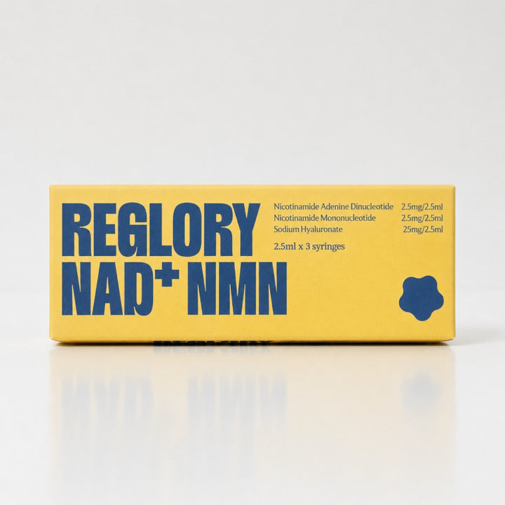 Front view of Reglory NAD+ NMN skin booster 2.5 ml x 3 syringe box packaging