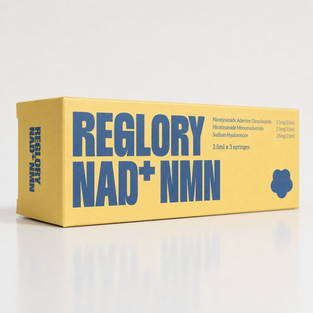 Reglory NAD+ NMN skin booster box packaging with yellow and blue design