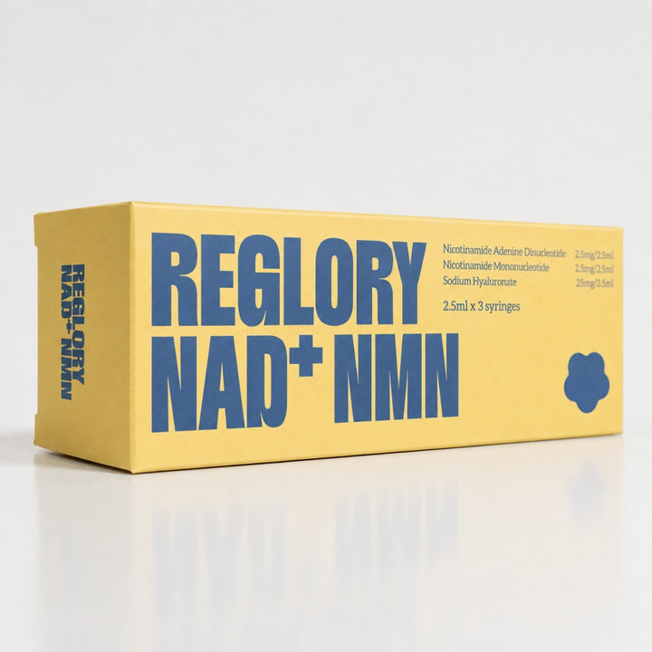 Reglory NAD+ NMN skin booster box packaging with yellow and blue design
