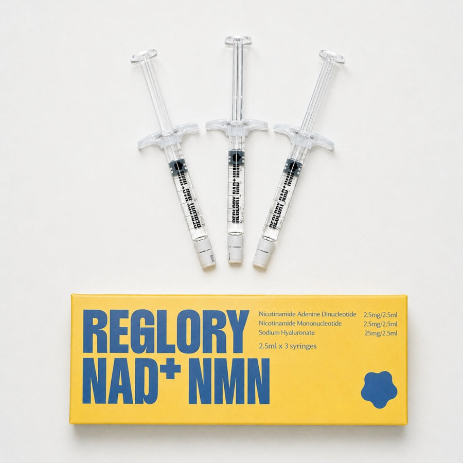 Reglory NAD+ NMN skin booster box with three 2.5 ml syringes displayed above