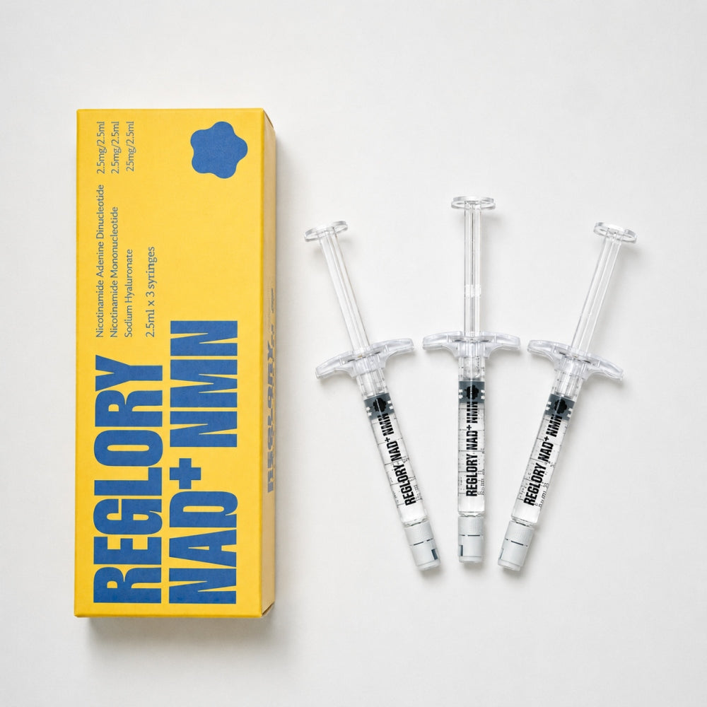 Reglory NAD+ NMN skin booster box and three syringes arranged in a flat lay