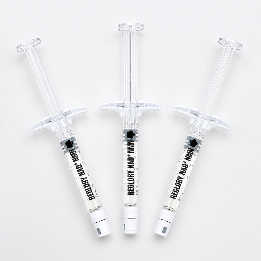 Three Reglory NAD+ NMN skin booster syringes arranged on a white background