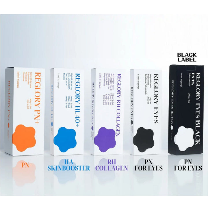 Collection of Reglory professional skincare product boxes on showcase