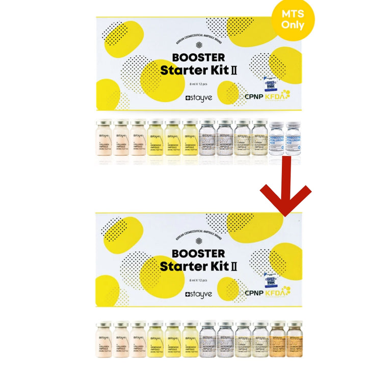 New Stayve Booster Starter Kit 2 comes with 2 vials of Salmon DNA, relacing 2 vials of Medisco Skinbooster Hyaluronic Acid