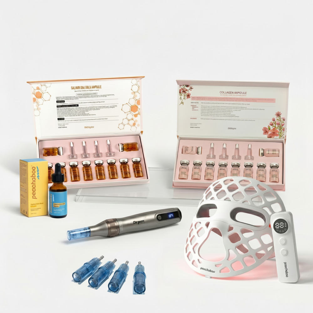 Featuring the Dr. Pen M8S microneedling pen with 12-pin and 36-pin cartridges for versatile treatments, Peachaboo Hyaluronic Acid Serum 30ml for deep hydration, Stayve Salmon DNA Gold Ampoule (8ml x 10 vials) to nourish and revitalize, Stayve Collagen Ampoule (8ml x 10 vials) to support firmness and elasticity, and the Peachaboo Glo Aurora Silicone LED Light Therapy Mask (with NIR) to enhance recovery, boost collagen stimulation, and elevate results for a radiant, lifted complexion.