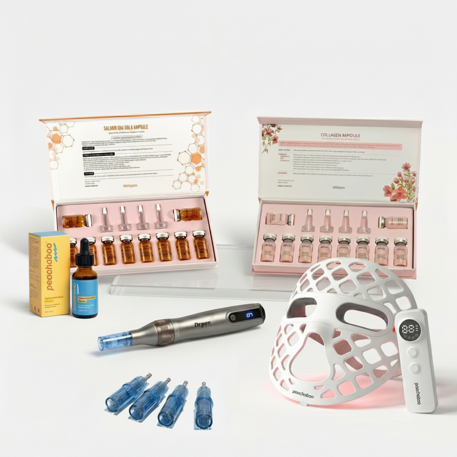 Featuring the Dr. Pen M8S microneedling pen with 12-pin and 36-pin cartridges for versatile treatments, Peachaboo Hyaluronic Acid Serum 30ml for deep hydration, Stayve Salmon DNA Gold Ampoule (8ml x 10 vials) to nourish and revitalize, Stayve Collagen Ampoule (8ml x 10 vials) to support firmness and elasticity, and the Peachaboo Glo Aurora Silicone LED Light Therapy Mask (with NIR) to enhance recovery, boost collagen stimulation, and elevate results for a radiant, lifted complexion.