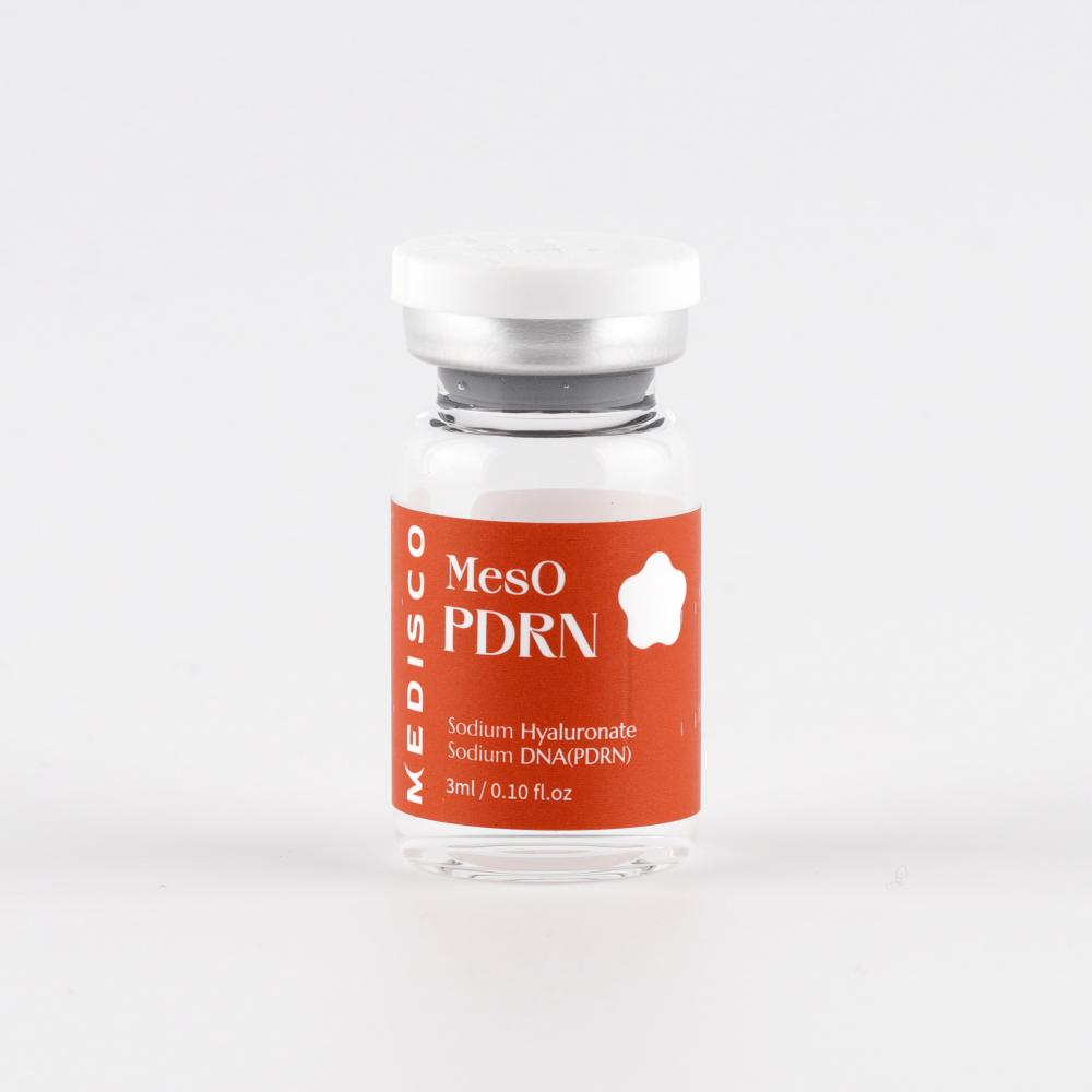 Close-up of a single Medisco MesO PDRN Ampoule vial featuring sodium hyaluronate and PDRN.