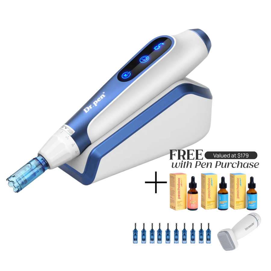 Dr. Pen A11 microneedling pen with free bundle offer valued at $179, including 3 Peachaboo serums, 10 cartridges, and a Bio Needle derma stamp with pen purchase.
