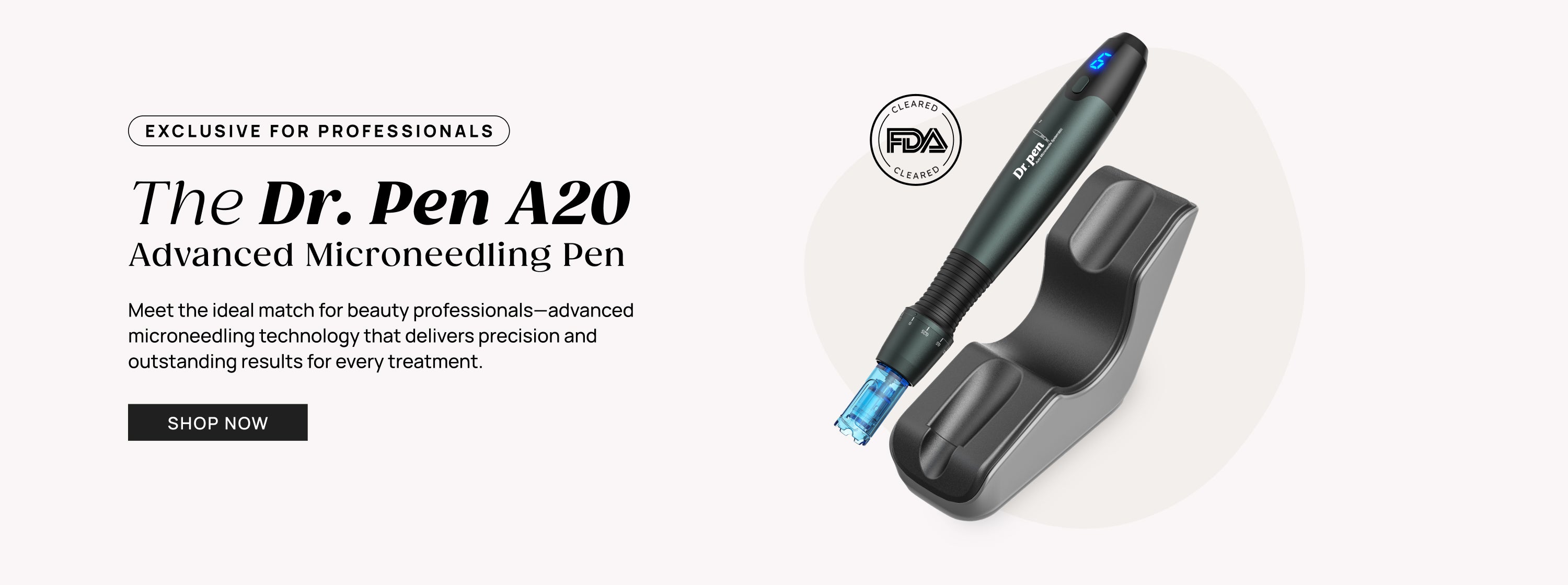 Dr Pen A20 Advanced Microneedling Pen with charging dock and FDA Cleared badge.
