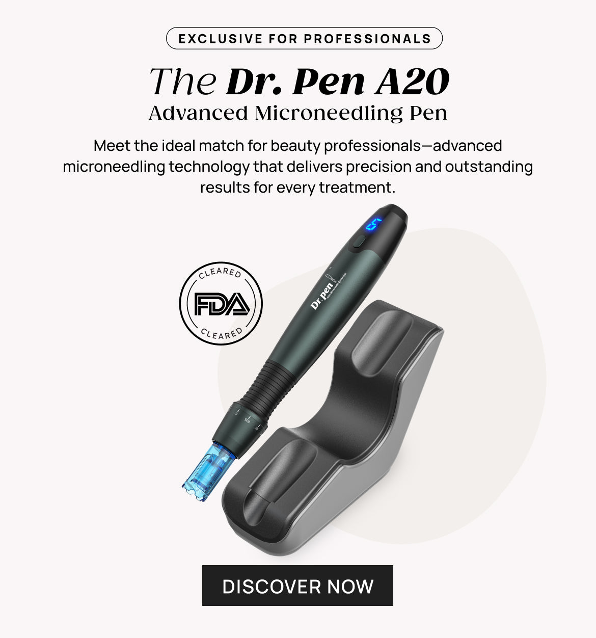 Dr Pen A20 Advanced Microneedling Pen with charging dock and FDA Cleared badge.
