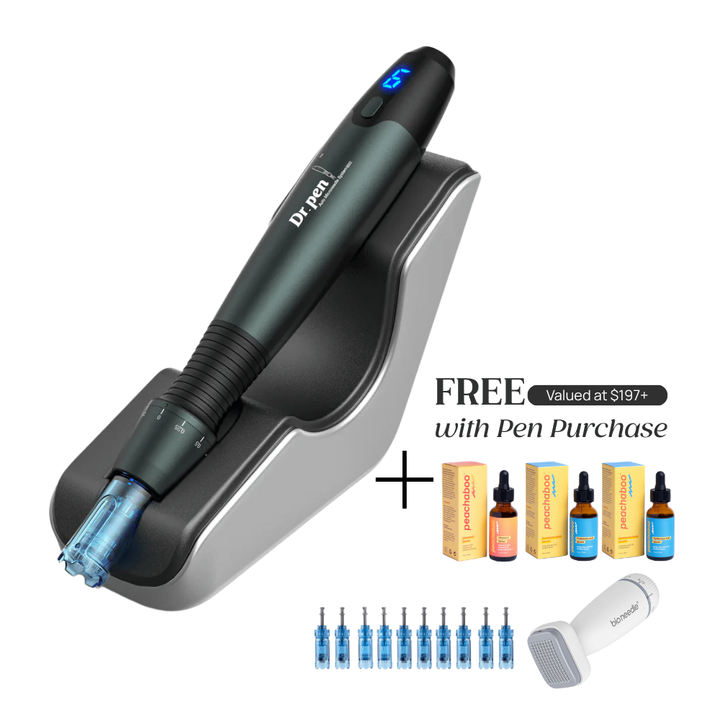 Dr. Pen A20 microneedling pen for professionals with free bundle offer valued at $197+, including 3 Peachaboo serums, 10 cartridges, and a Bio Needle derma stamp with pen purchase