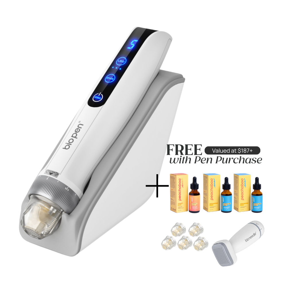 Bio Pen microneedling device with free bundle offer valued at $187+, including 3 Peachaboo serums, 5 cartridges, and a Bio Needle derma stamp with pen purchase