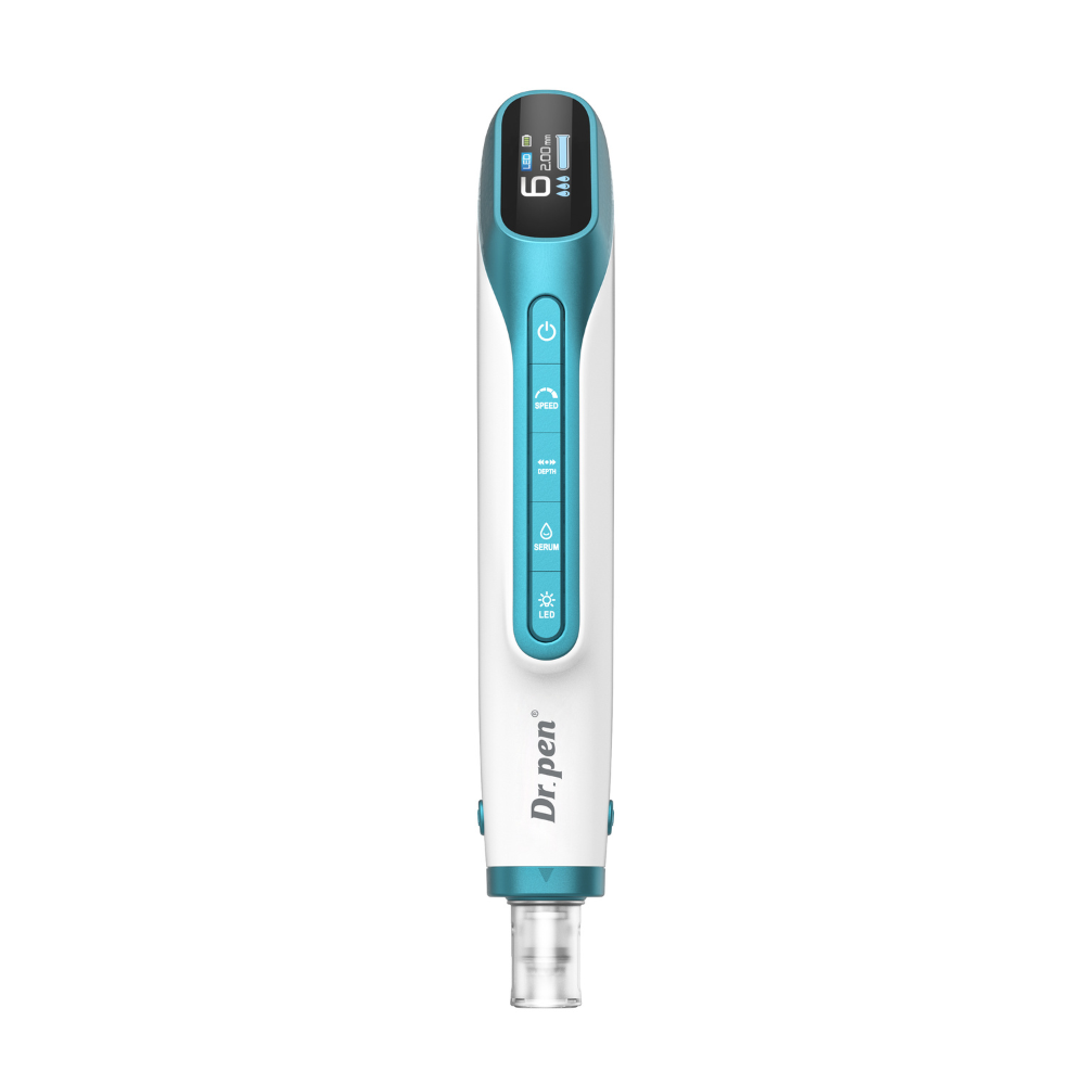 Dr. Pen H6 wireless microneedling pen, front view, showing LCD display, speed and depth controls, and serum cartridge tip.