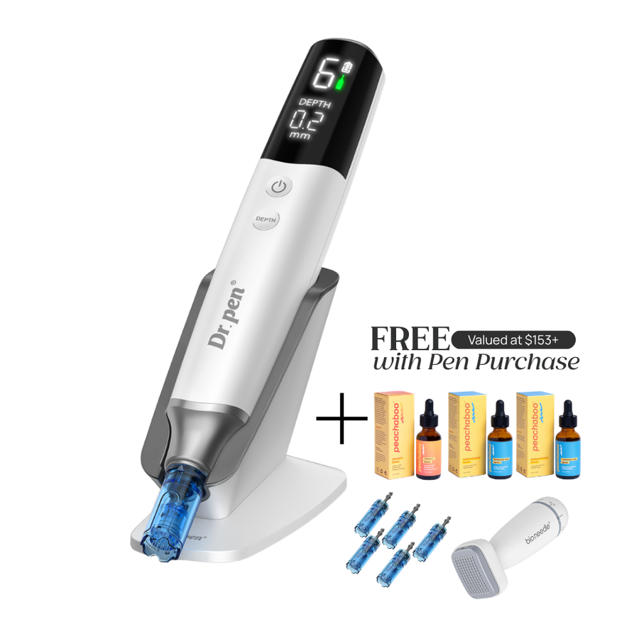 Dr. Pen H6 Advanced Serum Infusion Microneedling Pen with free cartridge packs, serums and derma stamp valued at over $153 included with purchase.