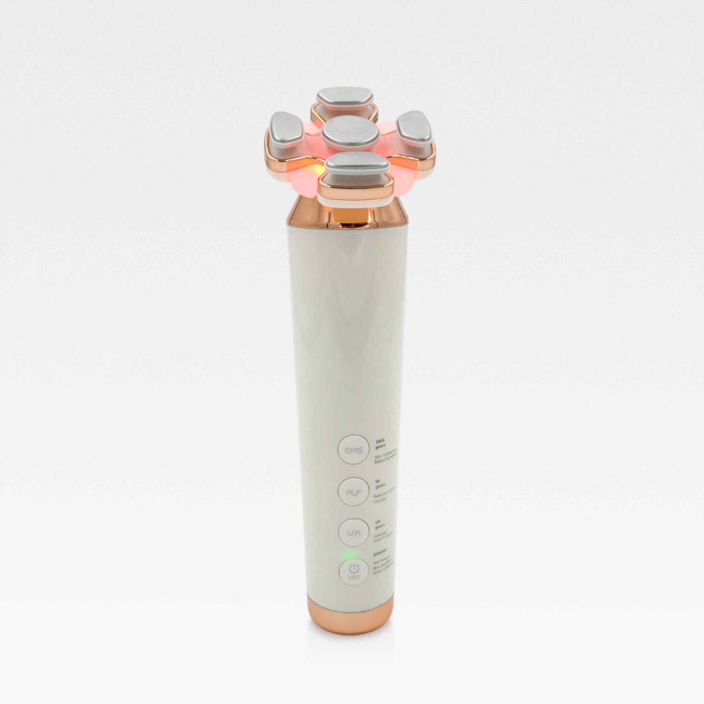  A white and pink electric wand displayed with a 4-in-1 RF skin tightening and contouring device.