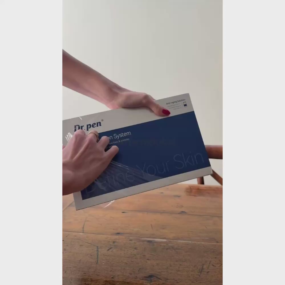 Dr. Pen Micro-Infusion Skin Needling Stamp Kit unboxing, showing the Microneedle Stamp Heads, ampoules, facial sheet mask.