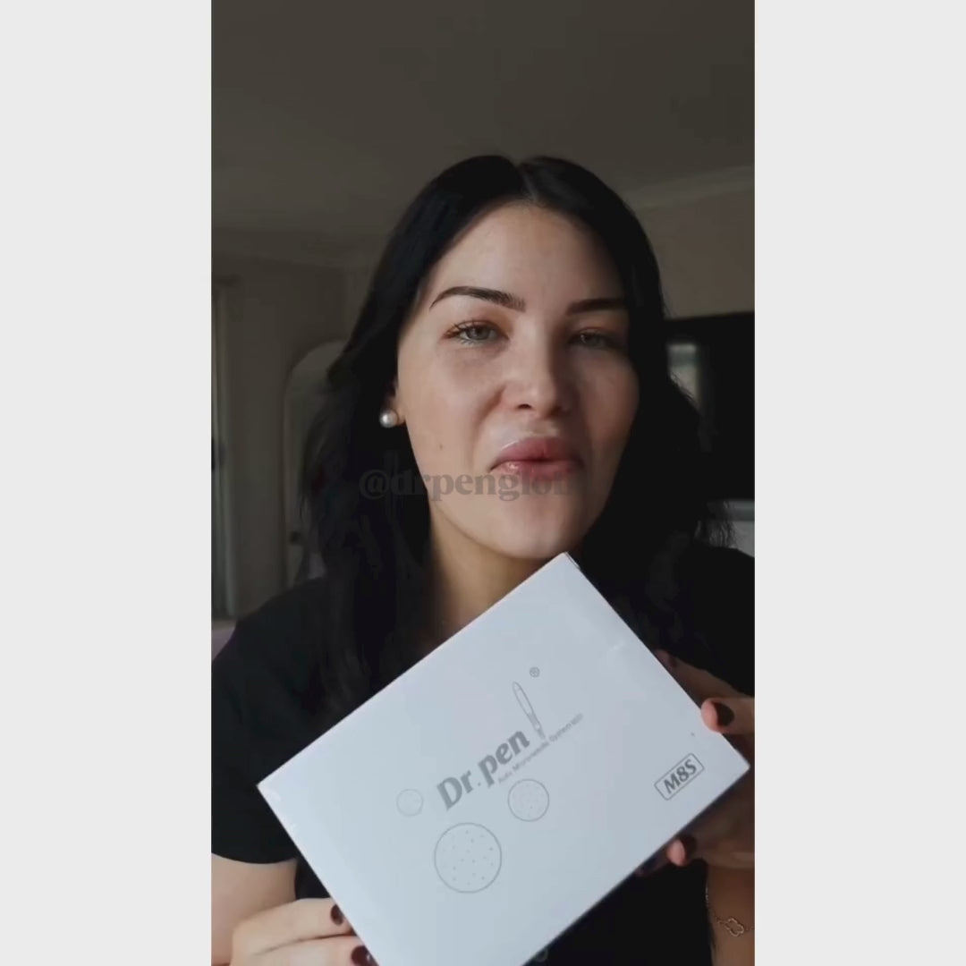 A woman gently glides the M8S microneedling pen on her face and applies Stayve Booster Salmon DNA ampoule for plumper, smoother skin.