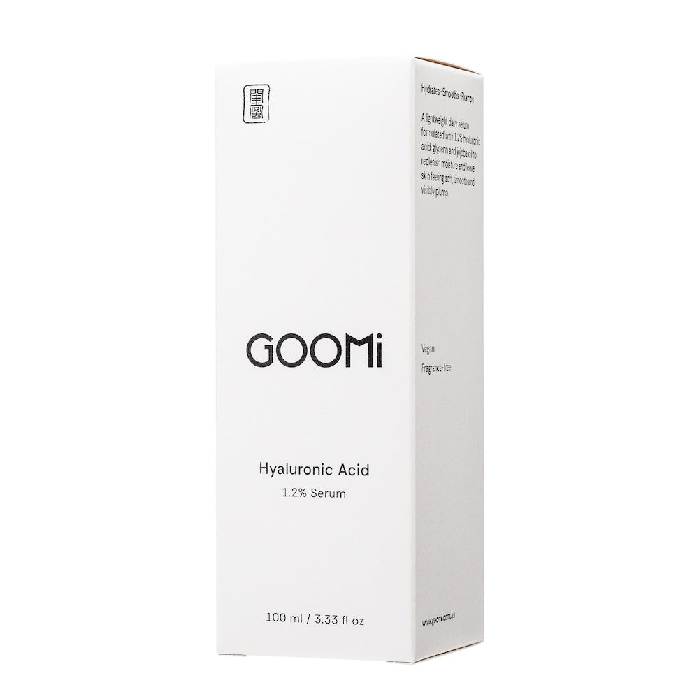 GOOMi Hyaluronic Acid 1.2% Serum 100ml retail box, vegan and fragrance-free
