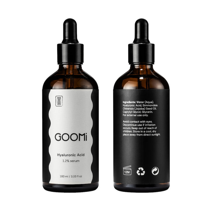 GOOMi Hyaluronic Acid 1.2% Serum 100ml front and back label showing ingredients